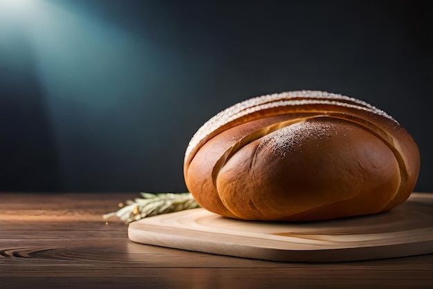 Brown and puffy bread on the table with some sesame and flour on it