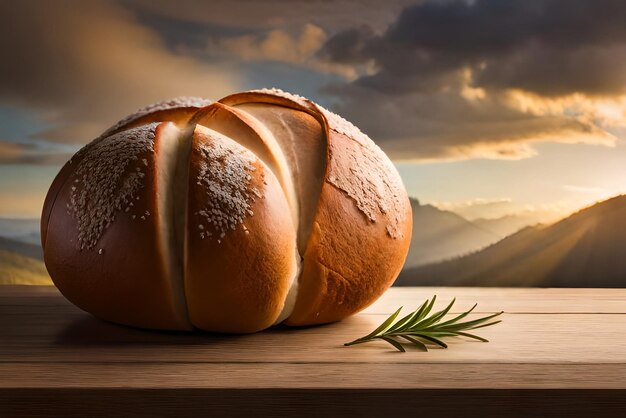 Brown and puffy bread on the table with some sesame and flour on it