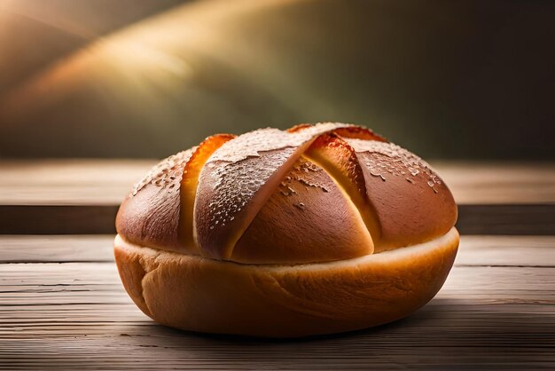 Brown and puffy bread on the table with some sesame and flour on it