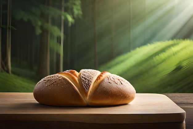 Brown and puffy bread on the table with some sesame and flour on it