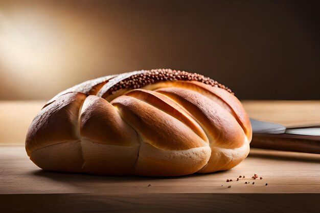 Brown and puffy bread on the table with some sesame and flour on it