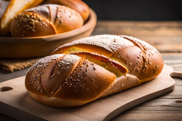 Brown and puffy bread on the table with some sesame and flour on it