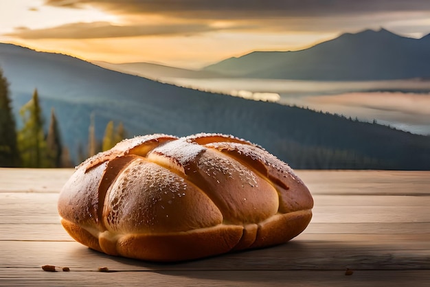 Brown and puffy bread on the table with some sesame and flour on it