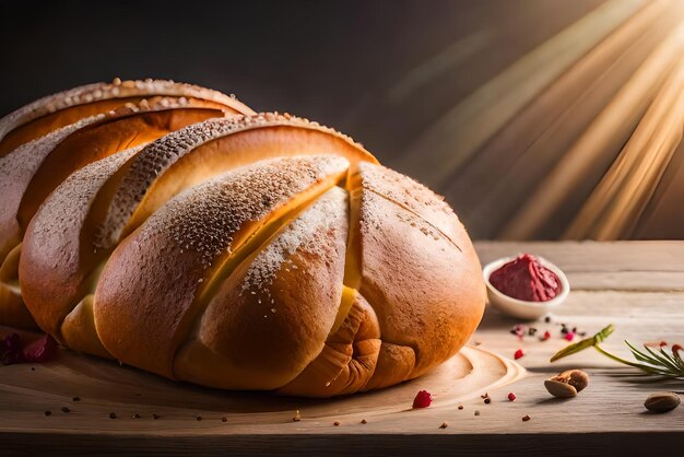 Brown and puffy bread on the table with some sesame and flour on it