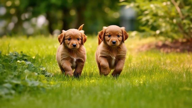 brown puppies running in the jungle