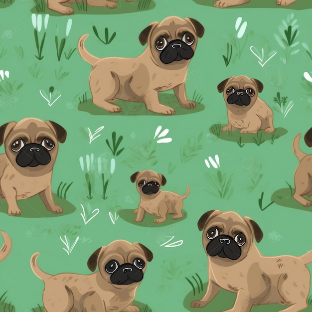 Photo brown puppy pug on the green background seamless print