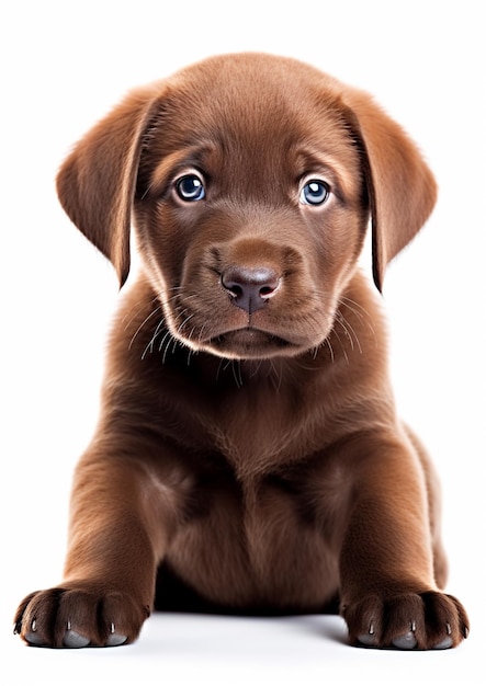a brown puppy with a black nose and a white background