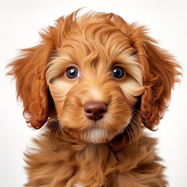 a brown puppy with a brown face and a white background