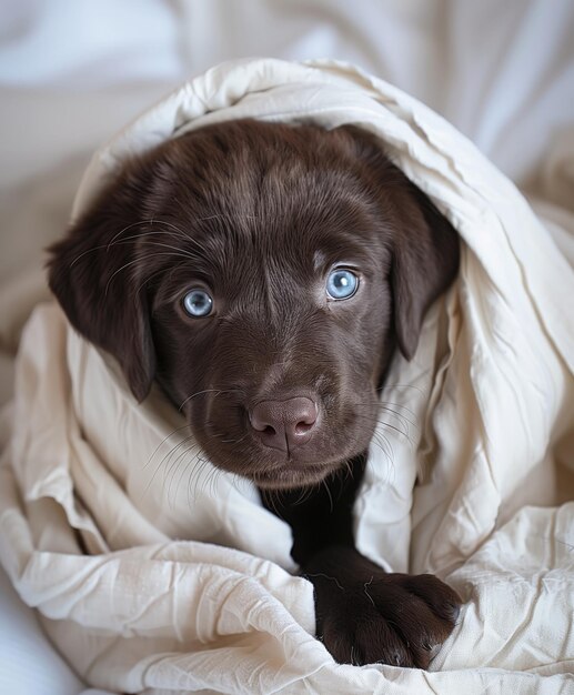 a brown puppy wrapped in a blanket with a white blanket
