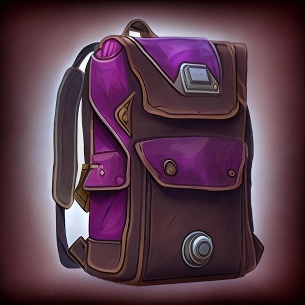 A brown and purple backpack with a strap that says " backpack ".