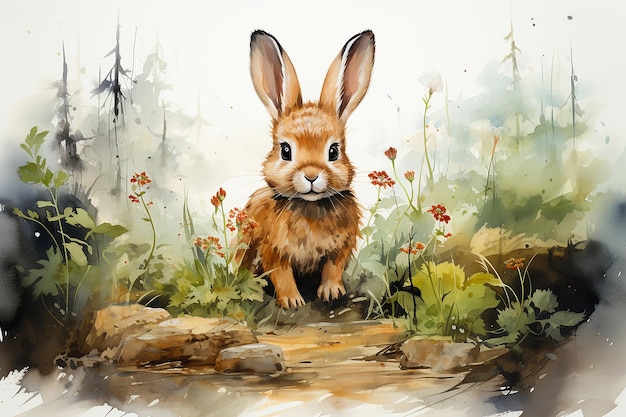 水彩で描いた森の中の茶色いウサギ