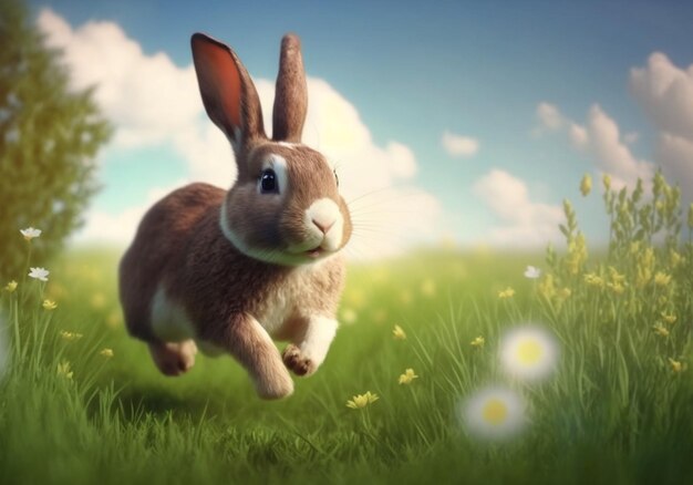 A brown rabbit runs through a field of flowers.