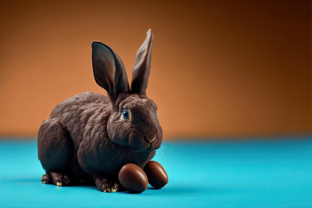 Brown rabbit with chocolate eggs on an endless background Easter celebration