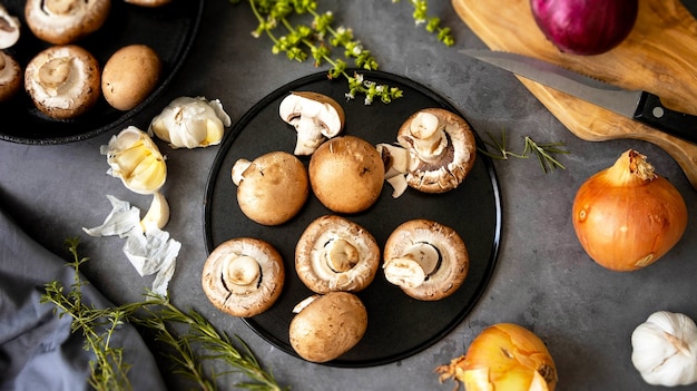 Brown raw mushrooms, cooking healthy food, top view.