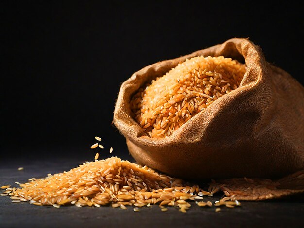 brown rice bursting from sack on a dark background