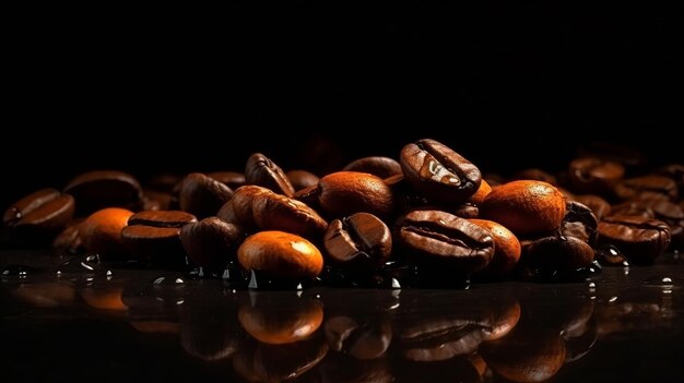 Коричневые жареные кофейные зерна крупным планом на темном фоне Ал генерируется
