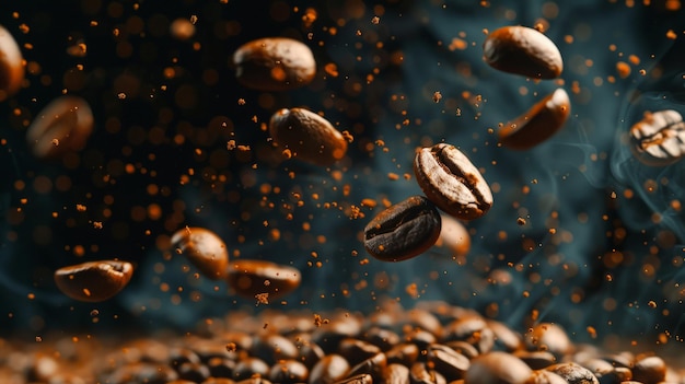 Brown roasted coffee beans falling on pile Represent breakfast energy freshness or great aromaFlying on dark background with copy space