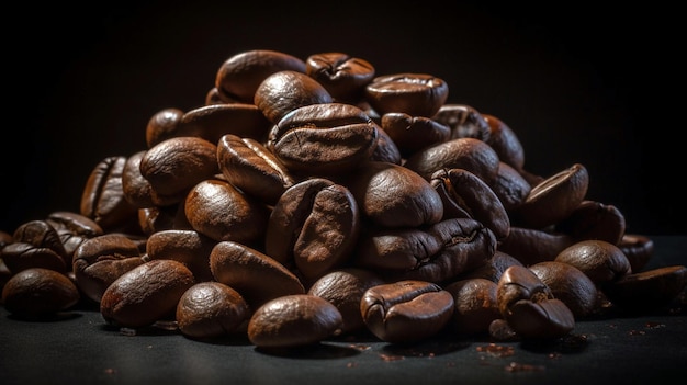 暗い背景に茶色のローストコーヒー豆の種子エスプレッソの暗い香りの黒いカフェインドリンク