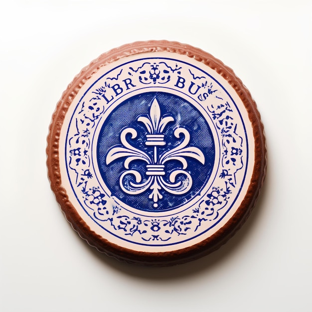 A brown round cookie with an image of a fleurdelis