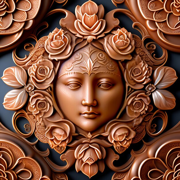 A brown sculpture of a woman with a face in flowers.