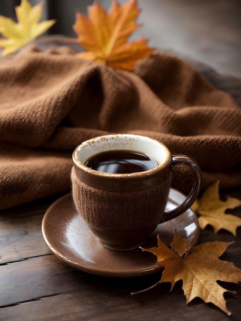 コーヒーカップと一緒に秋の ⁇ 囲気の茶色のセット