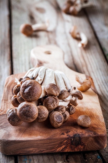 Funghi shimeji marroni su tavola rustica in legno