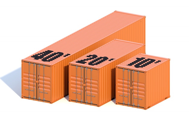 Brown ship cargo containers, different length - 10, 20 and 40 feet, with shadow