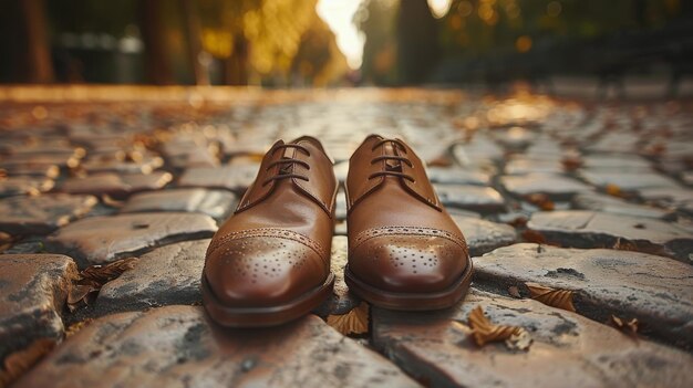 Photo brown shoes on cobblestone road