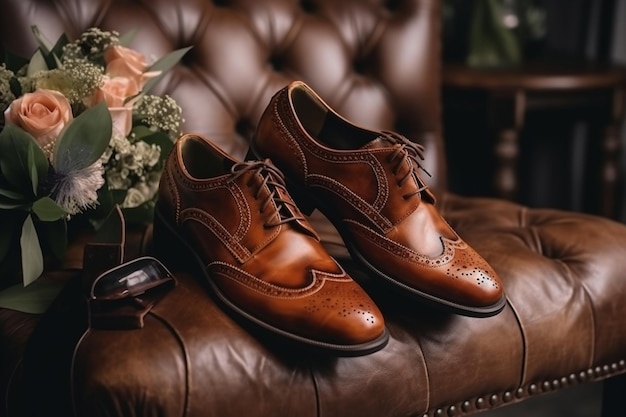 Photo brown shoes and wedding bouquet stand on a sofa