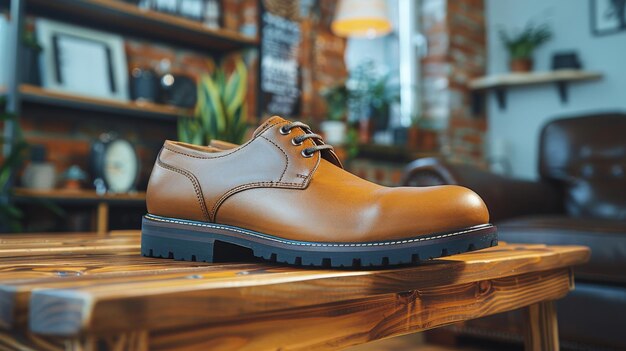 Brown Shoes on Wooden Table