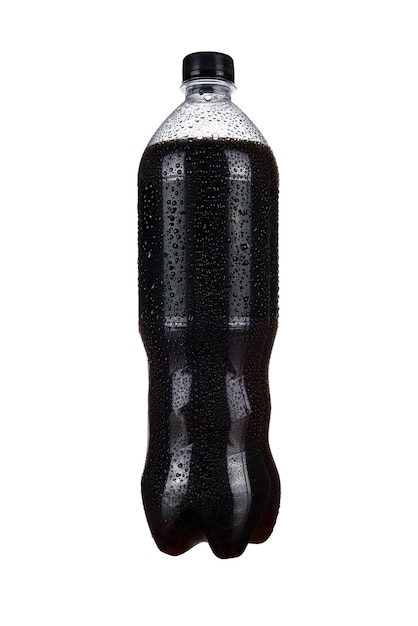 brown soda water bottle with drops isolated on white background