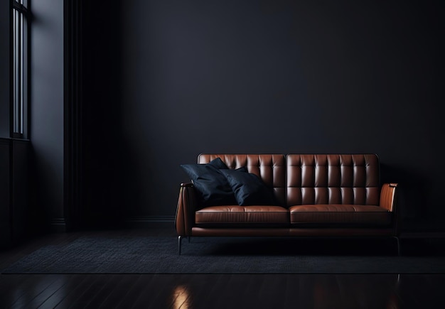 Brown sofa in empty dark interior