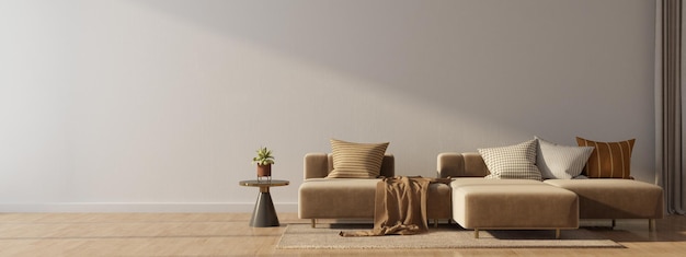 茶色のソファとモダンなリビング ルームの白い壁