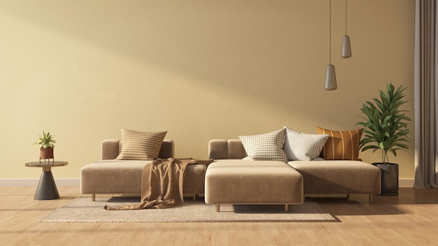 Коричневый диван и желтая стена в современной гостиной