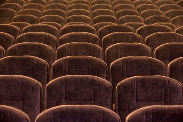 Brown soft comfortable chairs are empty in the auditorium or concert hall