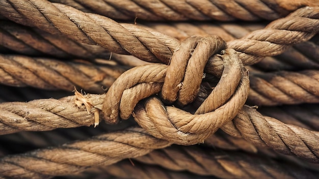 難しい結び目を持つ茶色の固いロープ