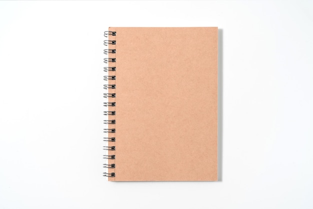 Brown spiral notebook isolated on white backgroundtop view