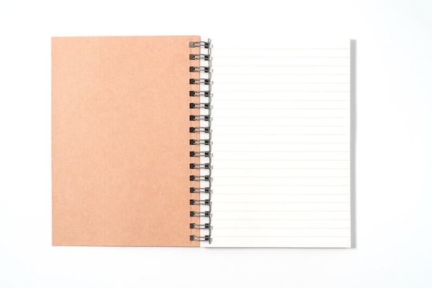 Brown spiral notebook isolated on white backgroundtop view