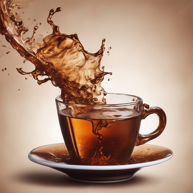 Brown splashes out drink from cup of tea on a brown background ai generated