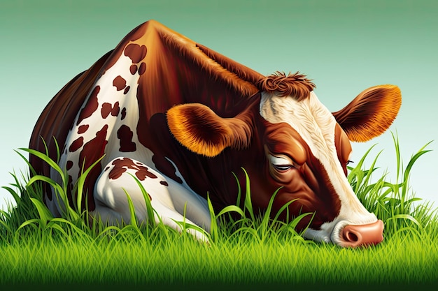 A brown spotted cow dozing in a grassy field