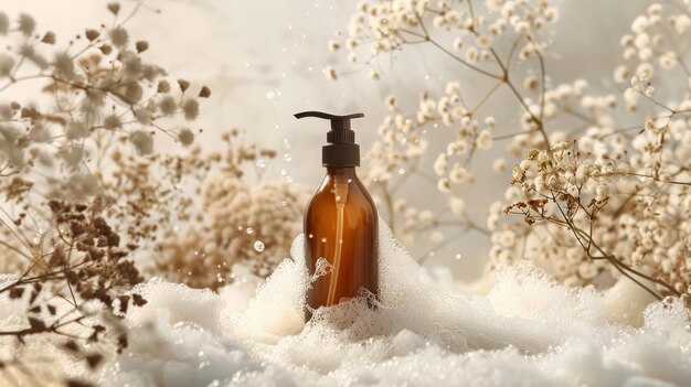 写真 茶色のスプレーボトル 乾燥した花 水と泡の背景