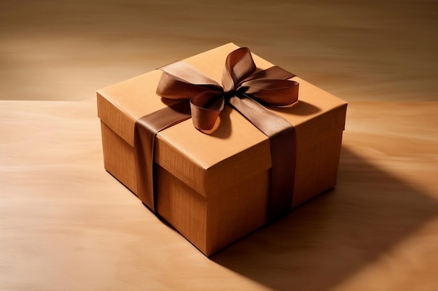 Brown square box with ribbon and bow