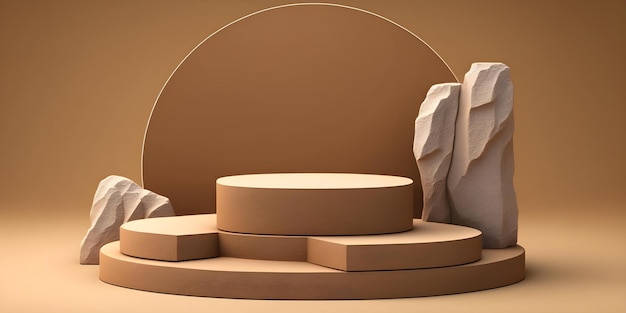 Brown Stone Podium met natuurlijke plaatpresentatie op zandsteen 3D-achtergrond