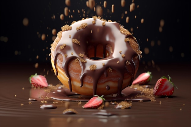 Brown sugar sprinkling on top of chocolate donut on the table Table covered with chocolate glazing and strawberry Created with Generative AI technology