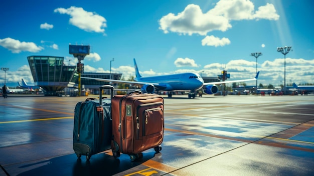 写真 夕暮れの大きな飛行機の前に座っている茶色のスーツケース