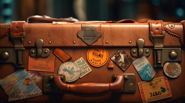 Foto una valigia marrone con un paio di piccoli pezzi di carta in esso