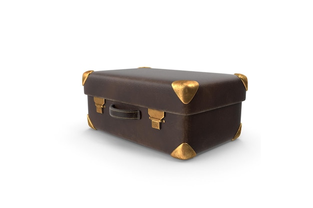 A brown suitcase with gold accents sits on a white background.