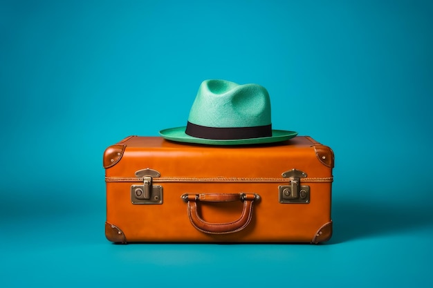 Brown suitcase with green hat sitting on top of it