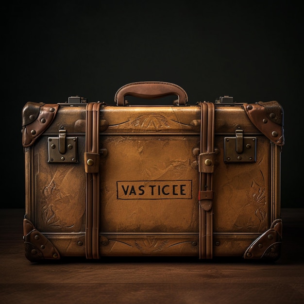 a brown suitcase with the word " vee " on the side.