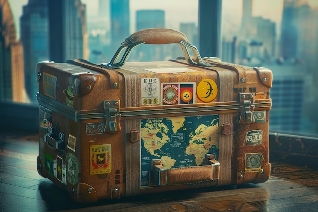 A brown suitcase with a world map on it